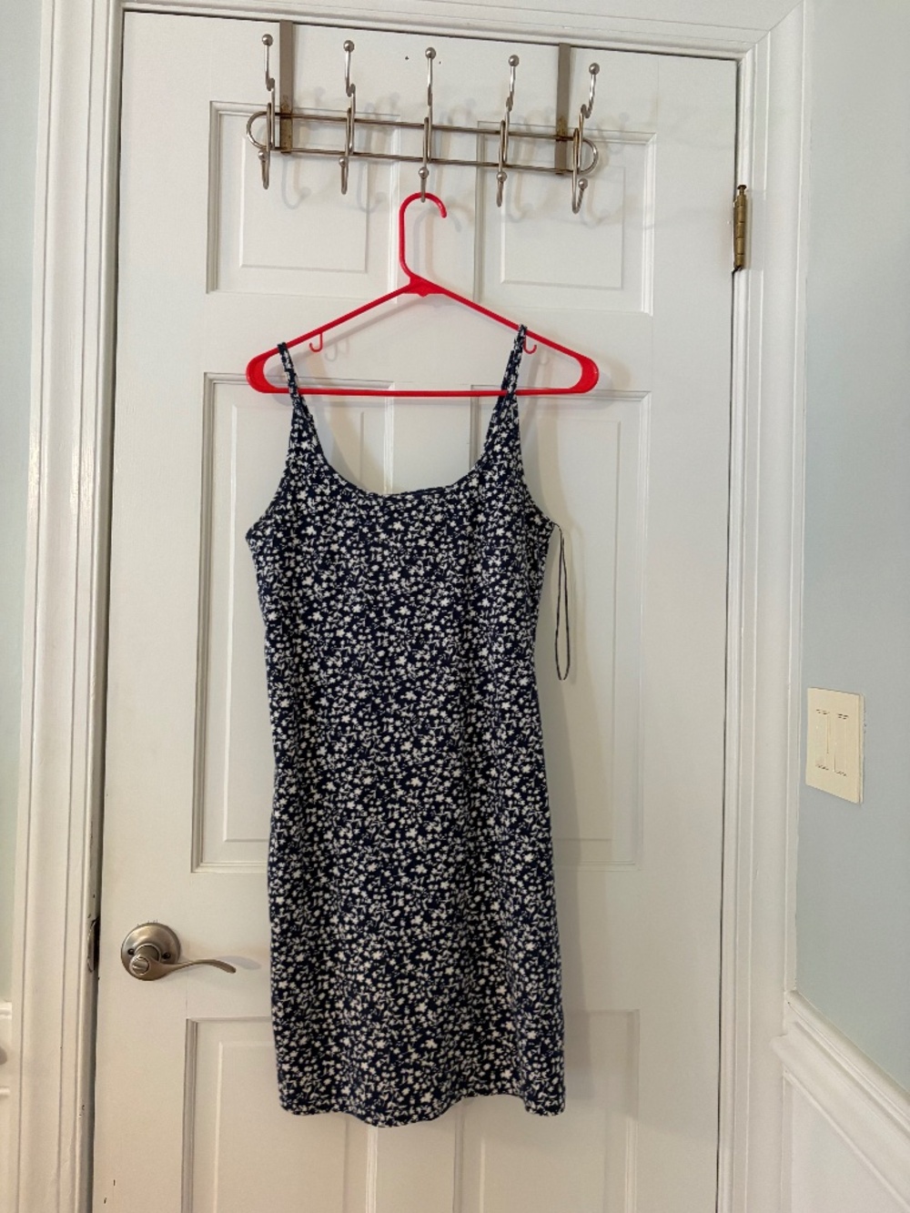 Navy Blue Ditsy Floral Print Spaghetti Strap Mini Slip Dress